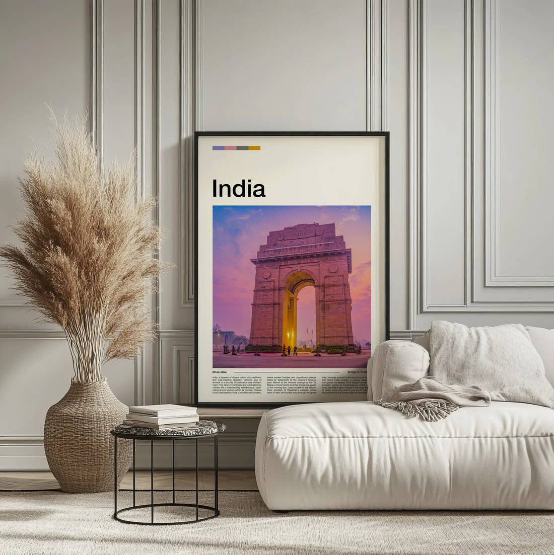 Delhi India Gate Travel Print framed on the wall of a calm, neutral bedroom