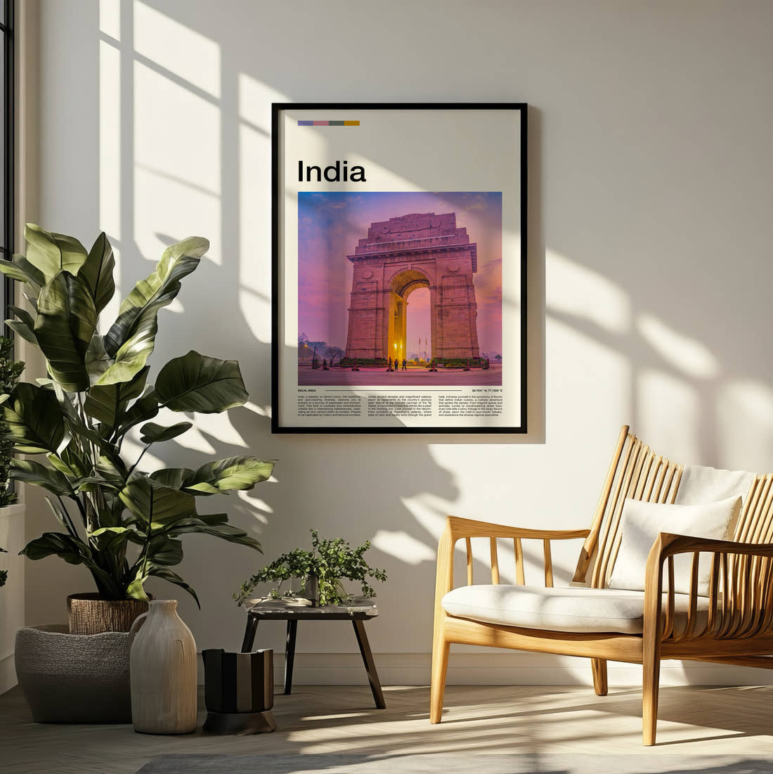Delhi India Gate Travel Print framed on a pale wall beside houseplants