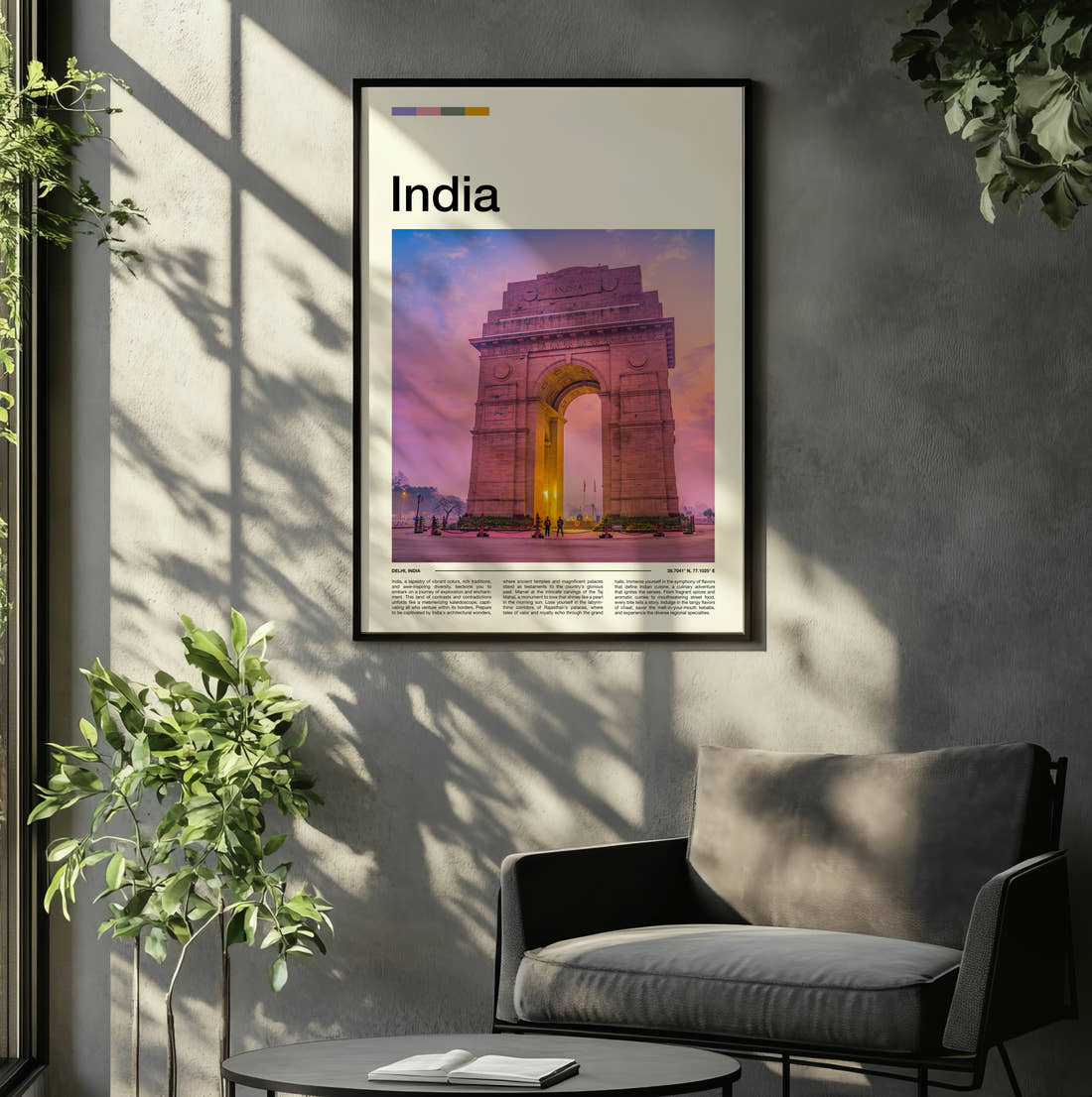 Delhi India Gate Travel Print framed on the wall of a relaxed living room