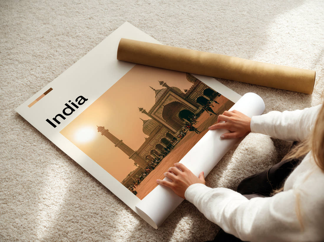 Delhi Jama Masjid Travel Print being unrolled from its postal tube