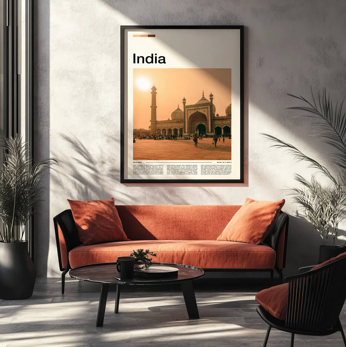 Delhi Jama Masjid Travel Print framed on the wall of a modern living room