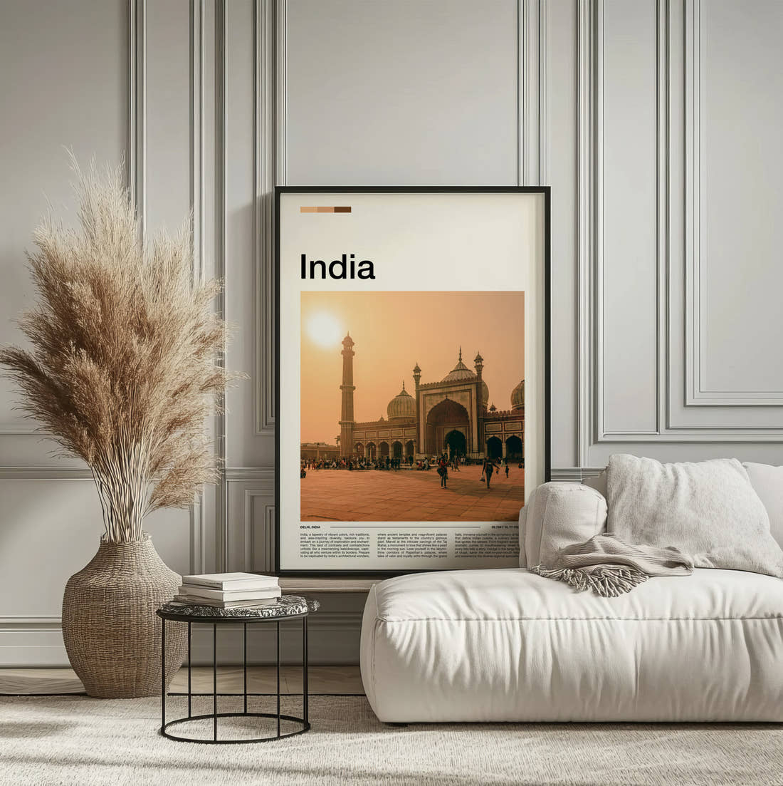 Delhi Jama Masjid Travel Print framed on the wall of a calm, neutral bedroom