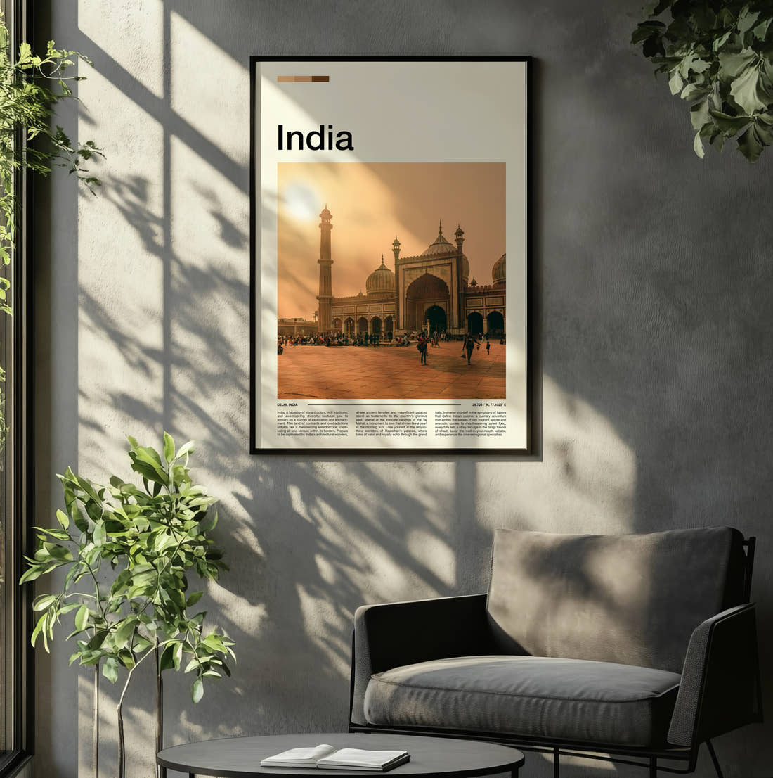 Delhi Jama Masjid Travel Print framed on the wall of a relaxed living room