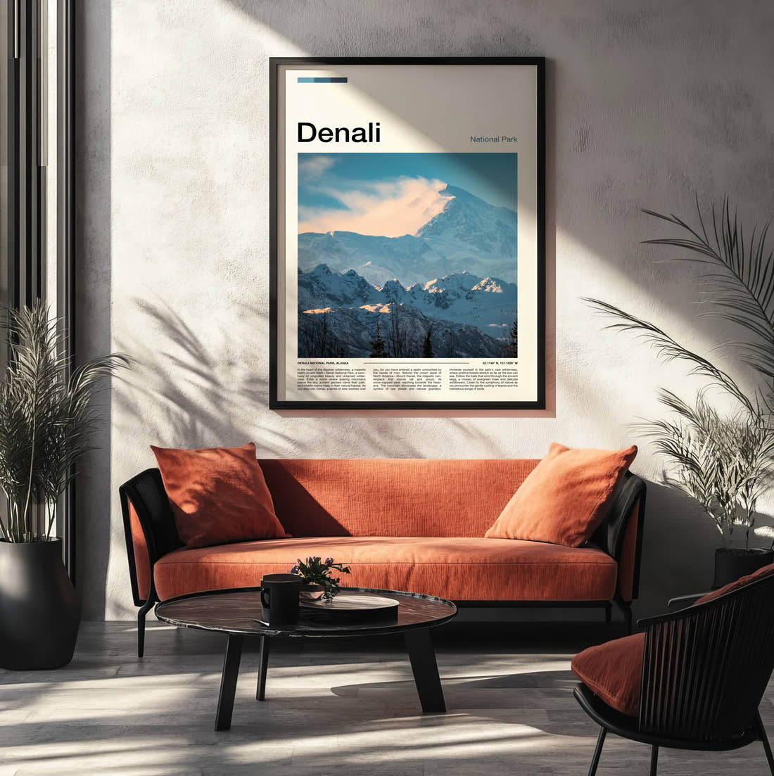 Denali Snowy Mountain Range Travel Print framed on the wall of a modern living room