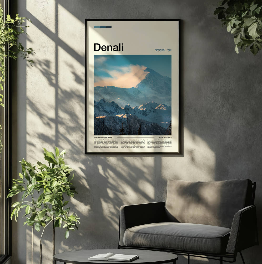 Denali Snowy Mountain Range Travel Print framed on the wall of a relaxed living room