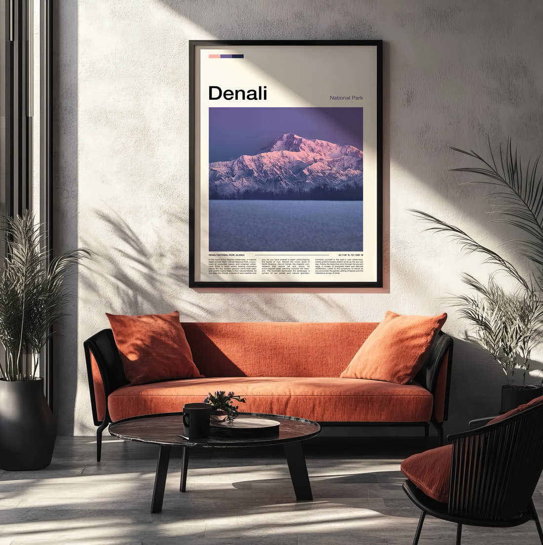Denali Purple Mountain At Dusk Travel Print framed on the wall of a modern living room