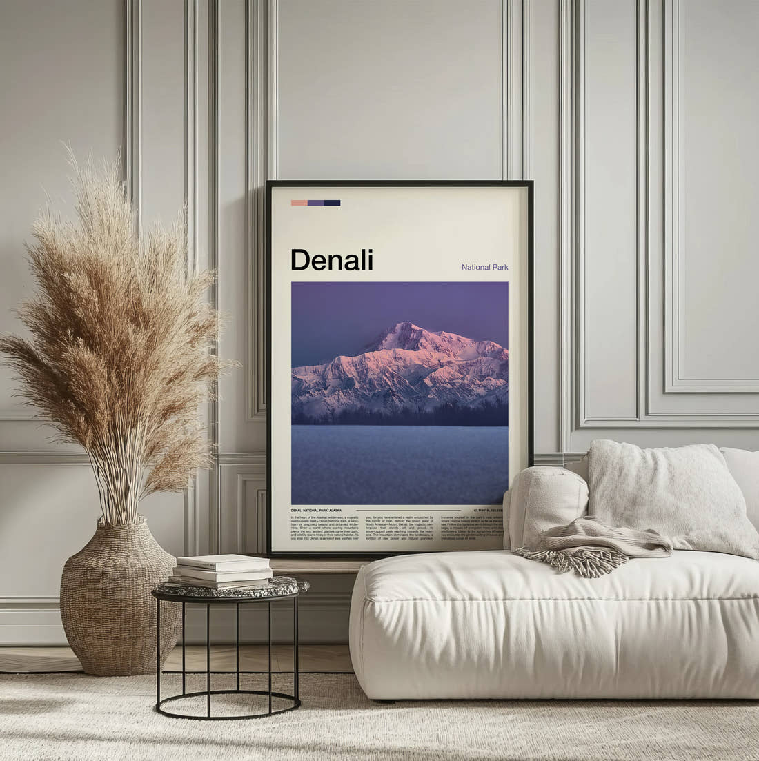 Denali Purple Mountain At Dusk Travel Print framed on the wall of a calm, neutral bedroom