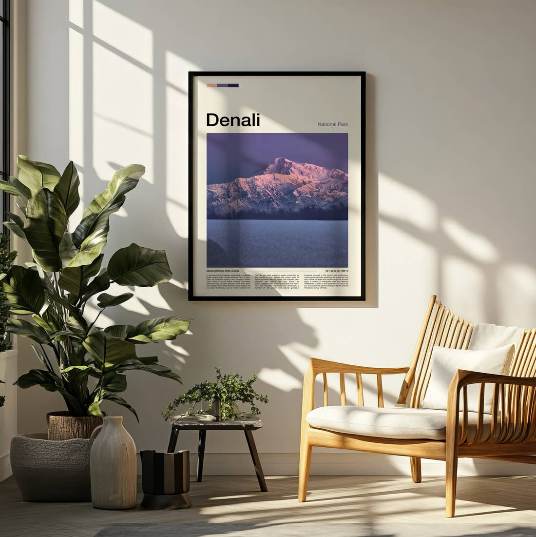 Denali Purple Mountain At Dusk Travel Print framed on a pale wall beside houseplants