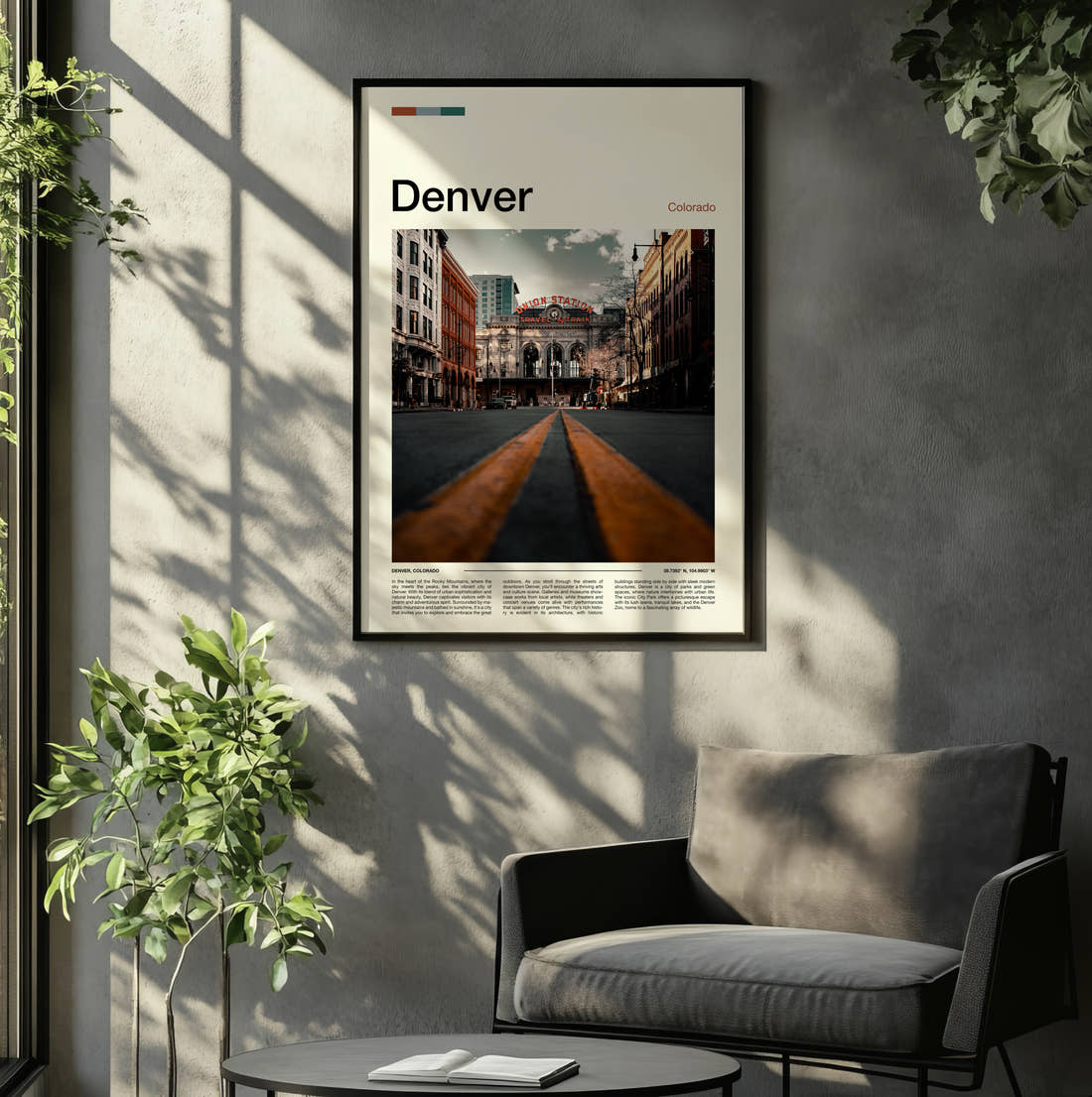 Denver Union Station Travel Print framed on the wall of a relaxed living room