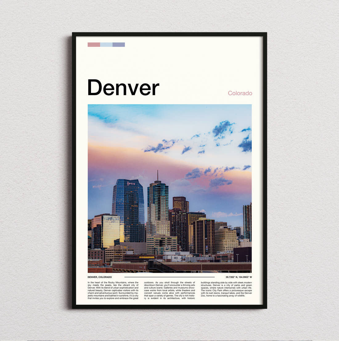 Denver Skyline At Dusk Travel Print framed and photographed straight on