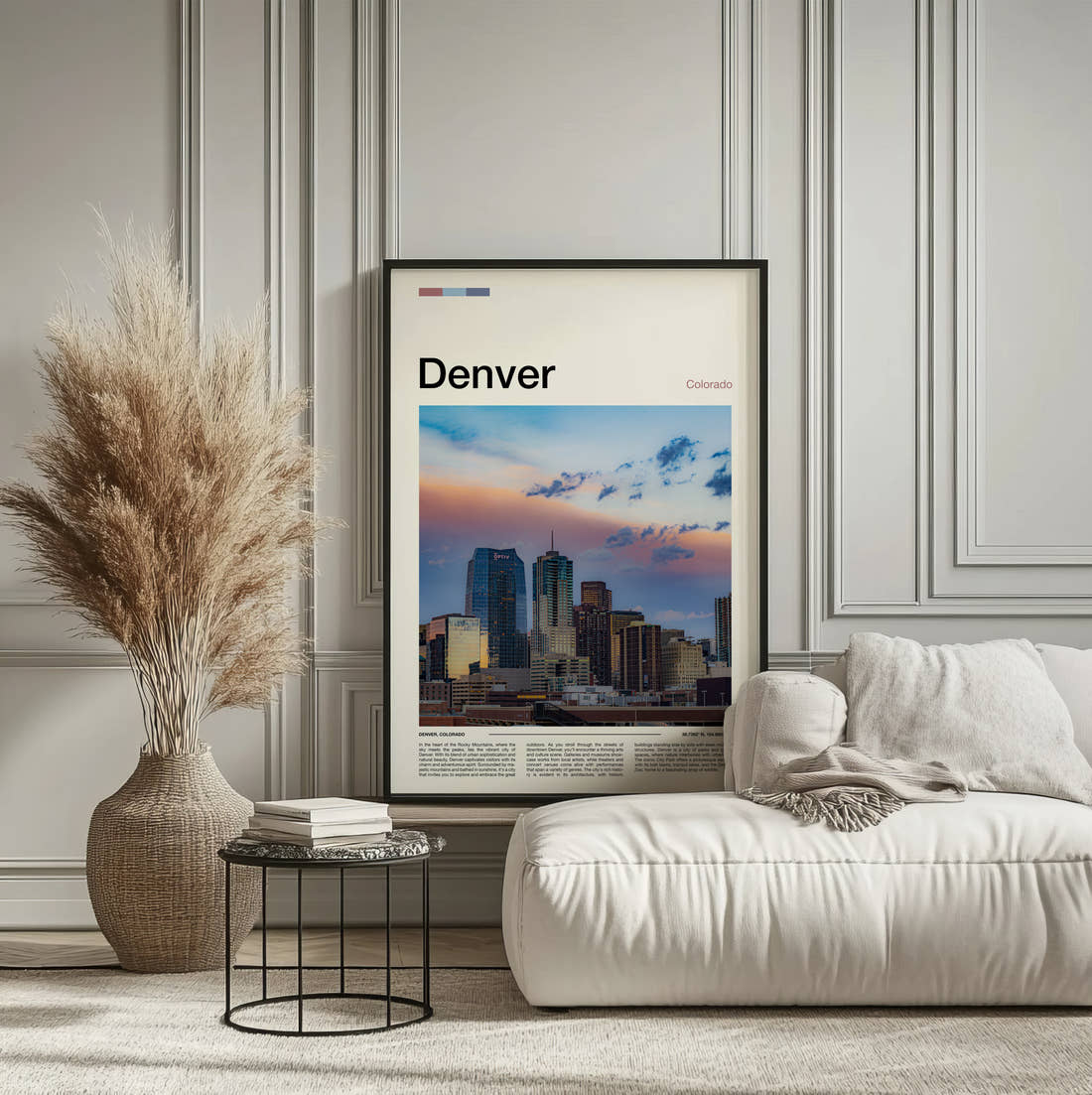 Denver Skyline At Dusk Travel Print framed on the wall of a calm, neutral bedroom
