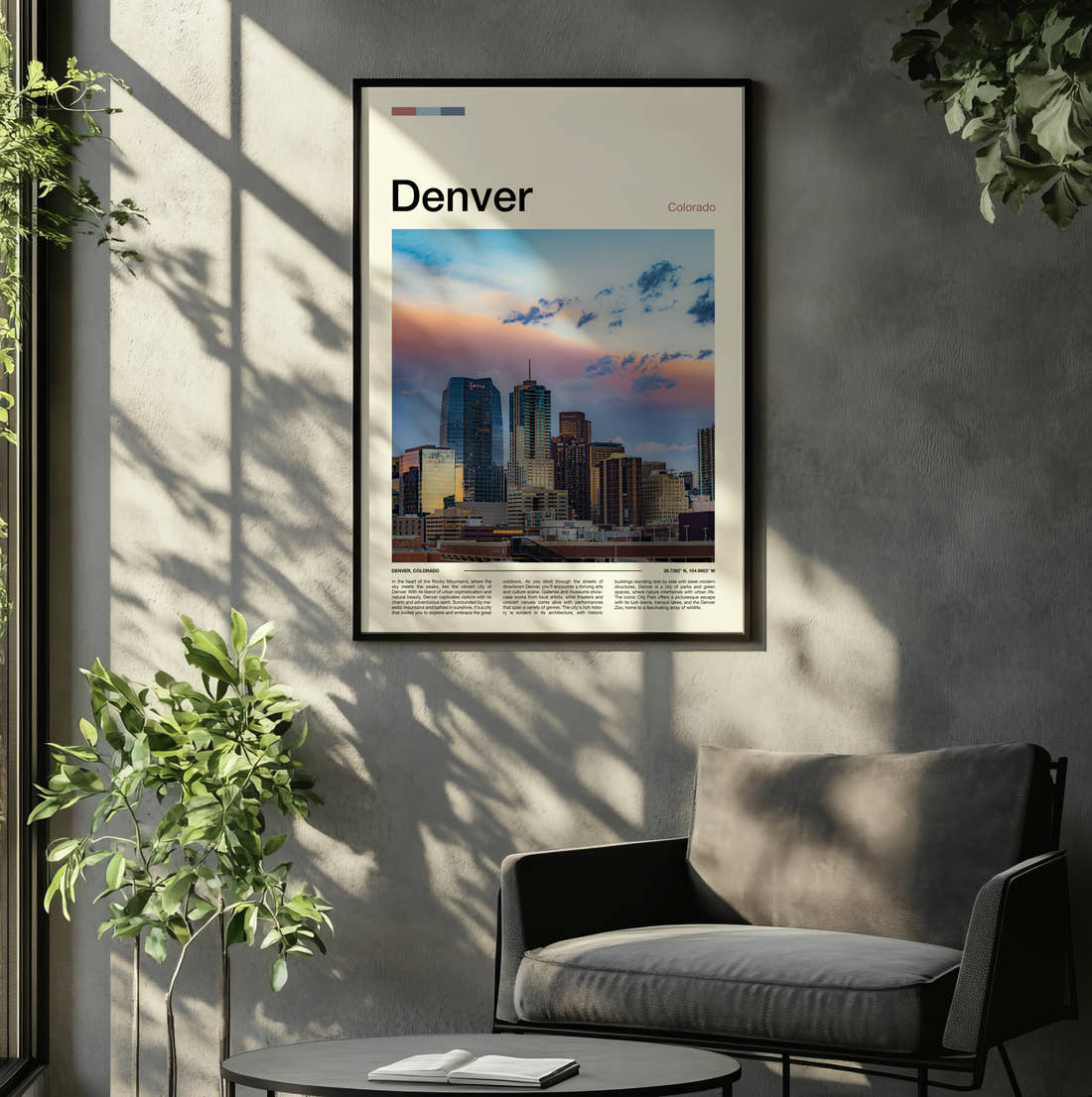 Denver Skyline At Dusk Travel Print framed on the wall of a relaxed living room