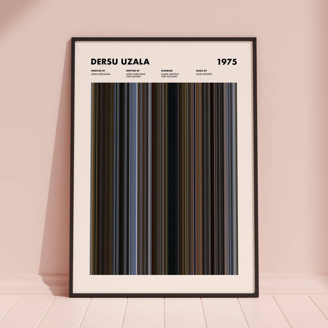 Dersu Uzala Movie Barcode Poster framed and leaning against a coloured wall