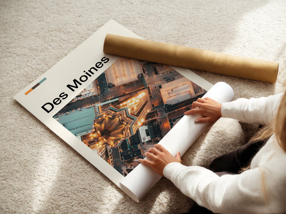 Des Moines Domed Building From Above Travel Print being unrolled from its postal tube