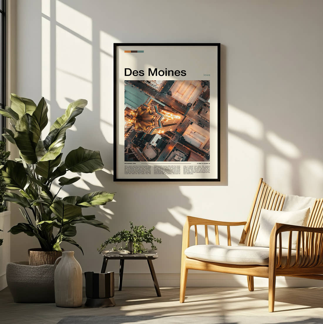 Des Moines Domed Building From Above Travel Print framed on a pale wall beside houseplants