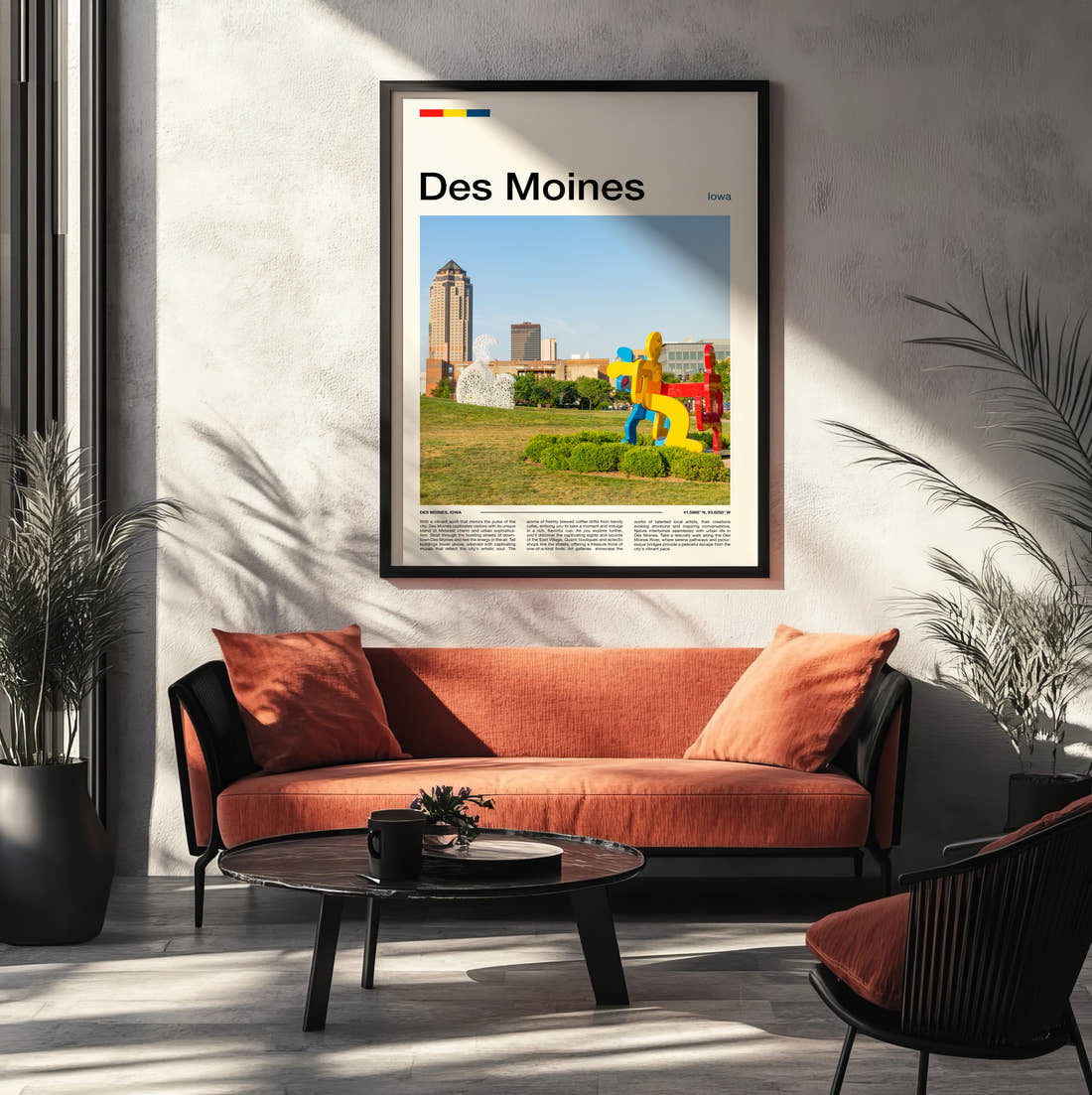 Des Moines Colourful Sculpture Travel Print framed on the wall of a modern living room