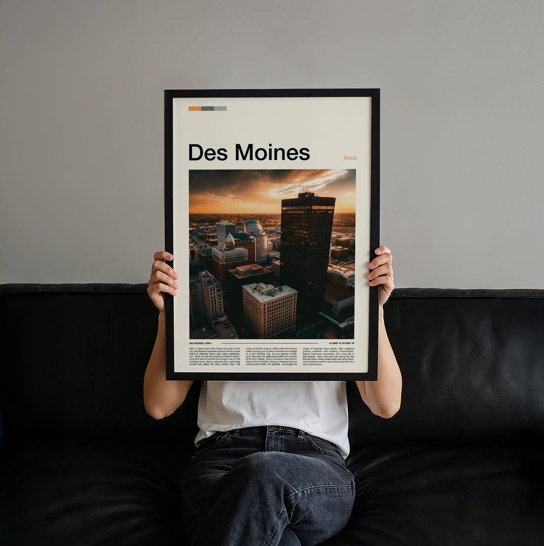 Des Moines Downtown At Golden Hour Travel Print held up by hand to show the size of the print