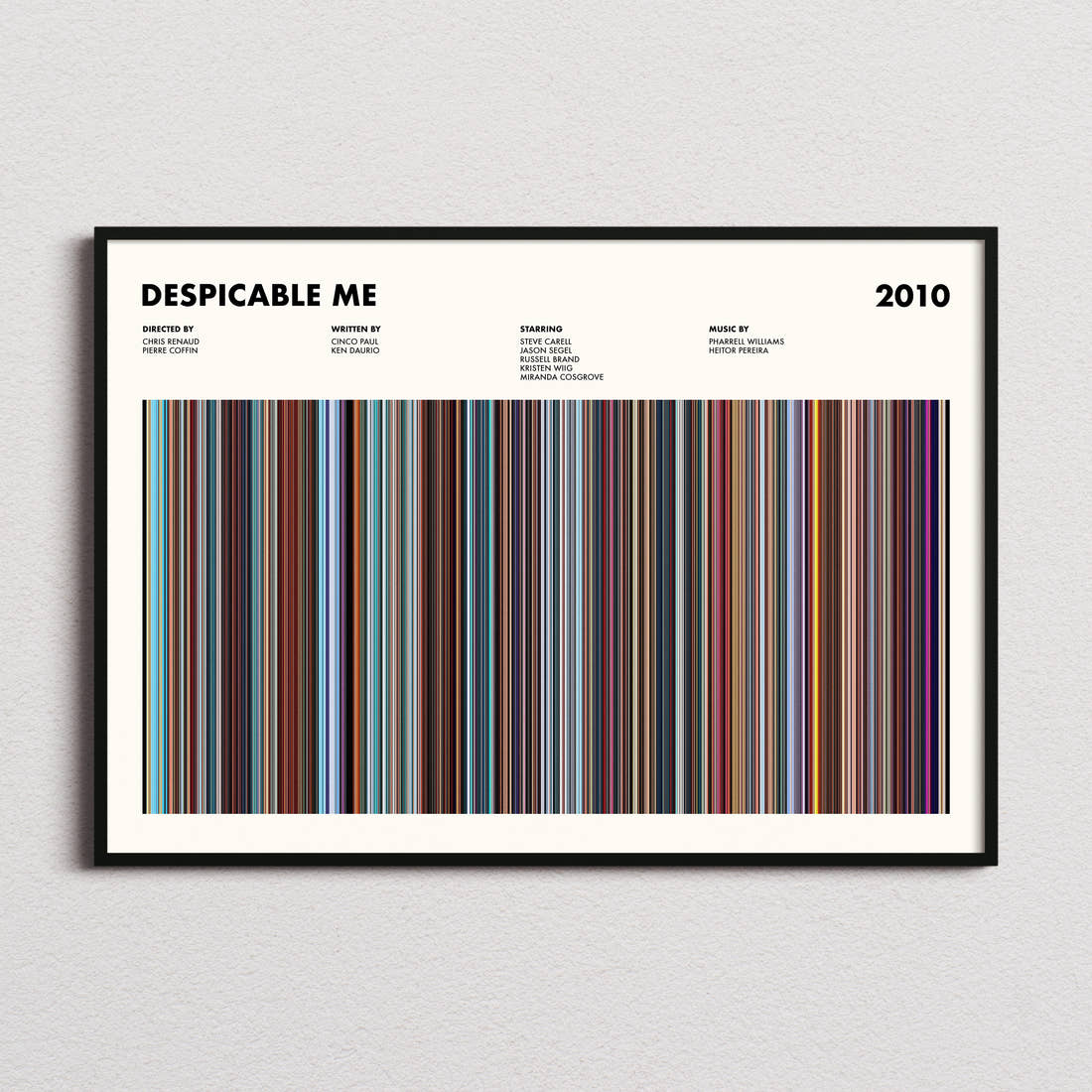 Despicable Me Movie Barcode Poster framed and photographed straight on