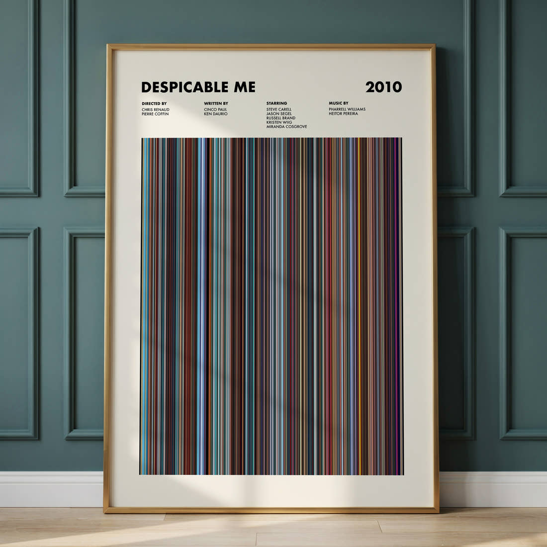 Despicable Me Movie Barcode Poster framed and leaning against a panelled wall