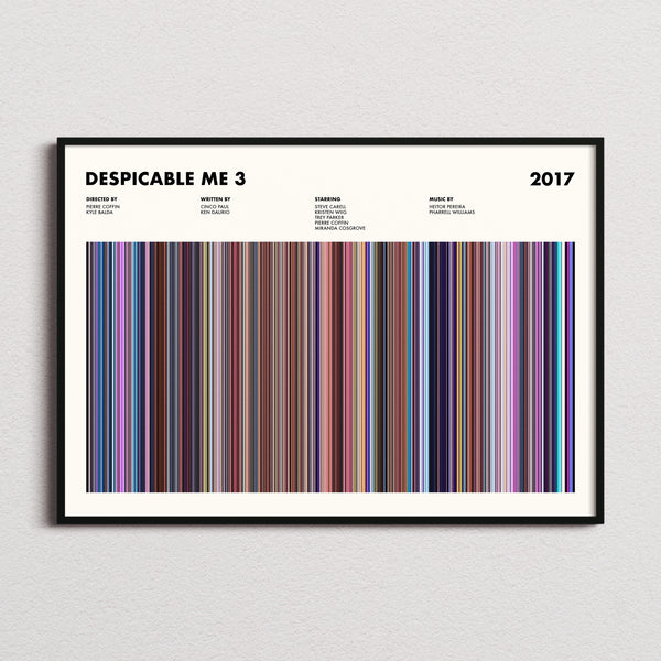 Despicable Me 3 Movie Barcode Poster framed and photographed straight on