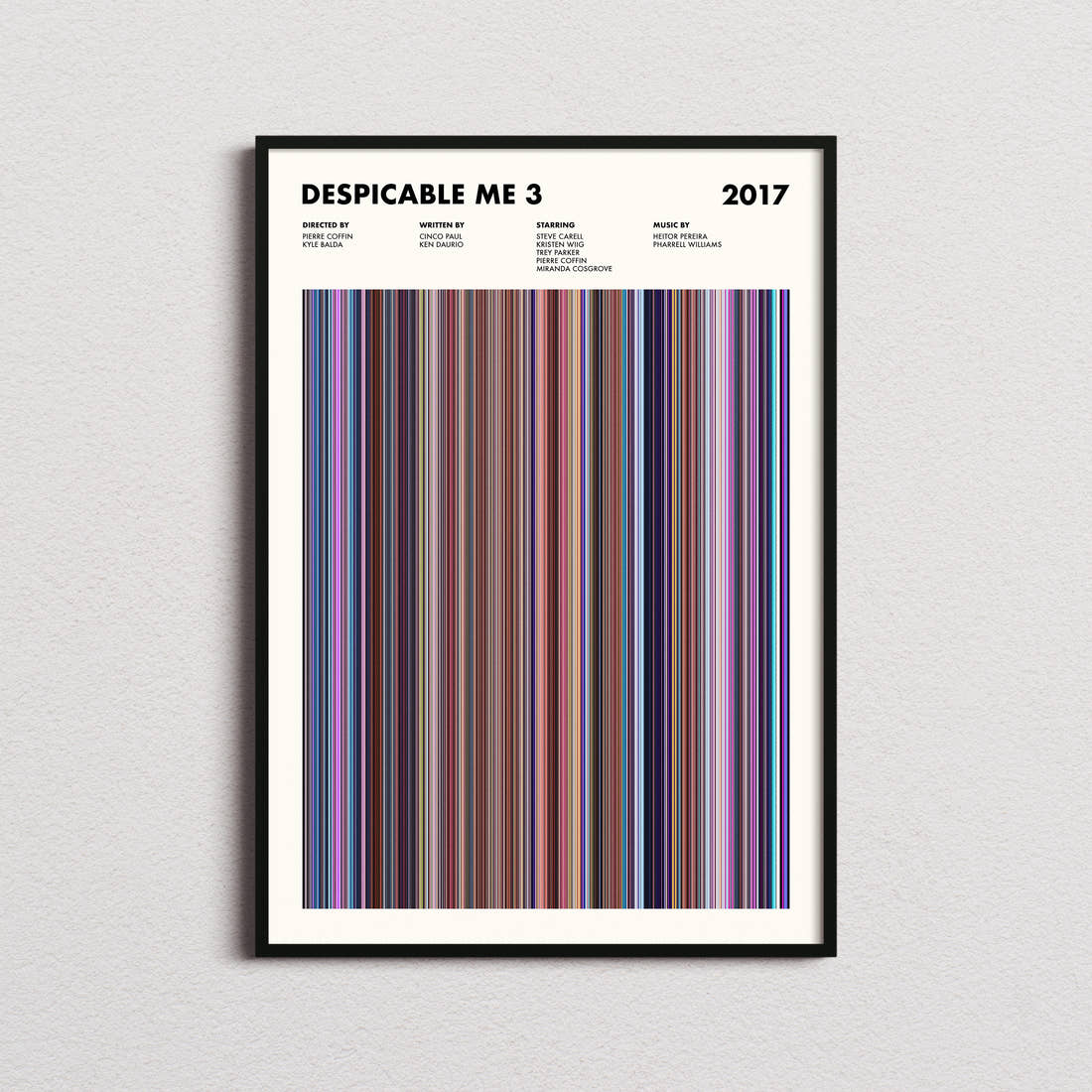 Despicable Me 3 Movie Barcode Poster framed on a plain studio wall