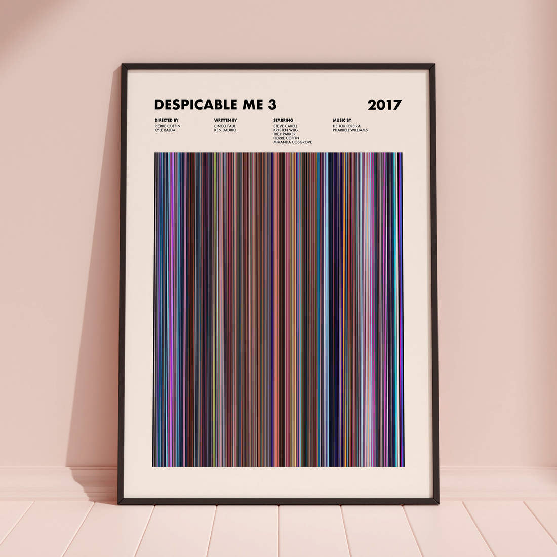 Despicable Me 3 Movie Barcode Poster framed and leaning against a coloured wall