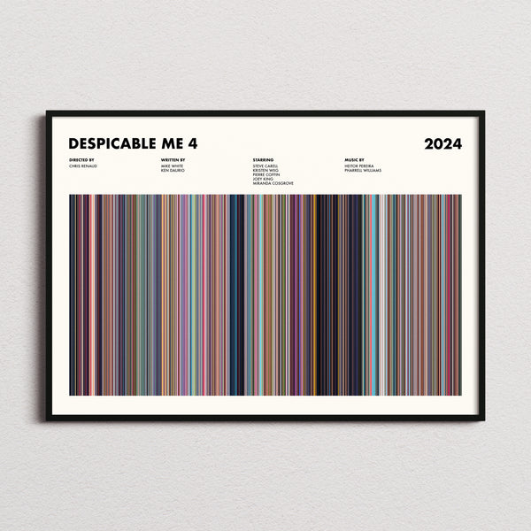 Despicable Me 4 Movie Barcode Poster framed and photographed straight on