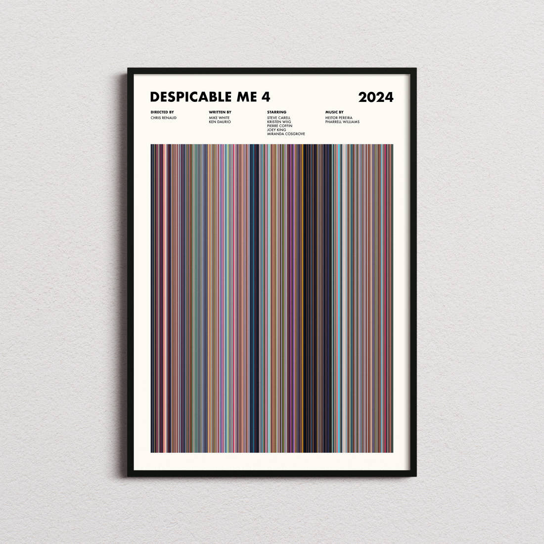 Despicable Me 4 Movie Barcode Poster framed on a plain studio wall