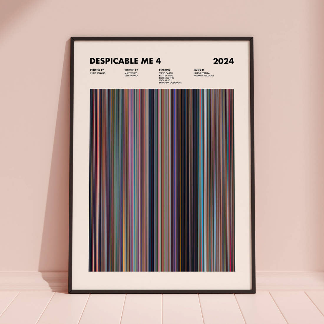 Despicable Me 4 Movie Barcode Poster framed and leaning against a coloured wall