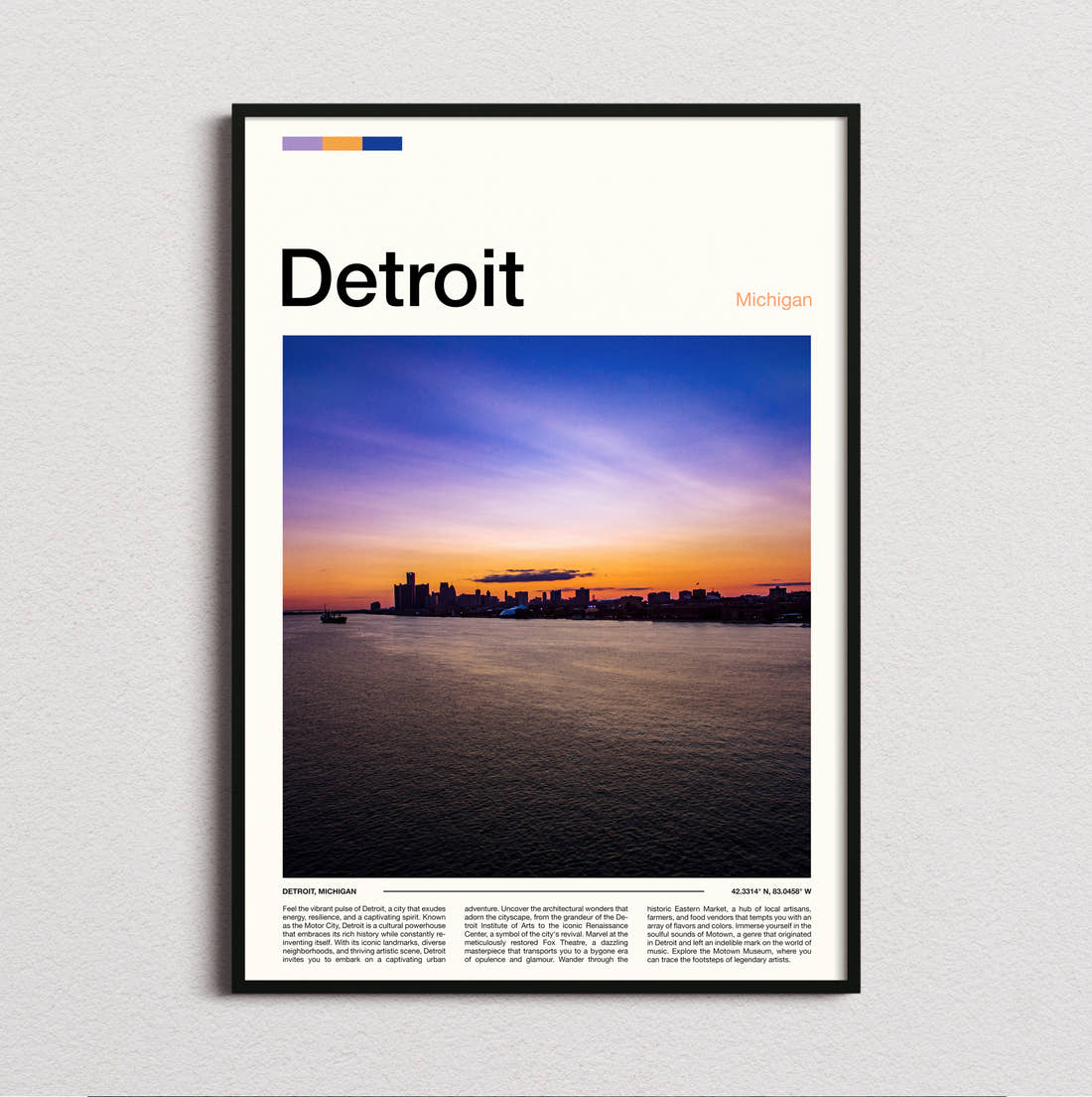 Detroit Sunset Over The Water Travel Print framed and photographed straight on