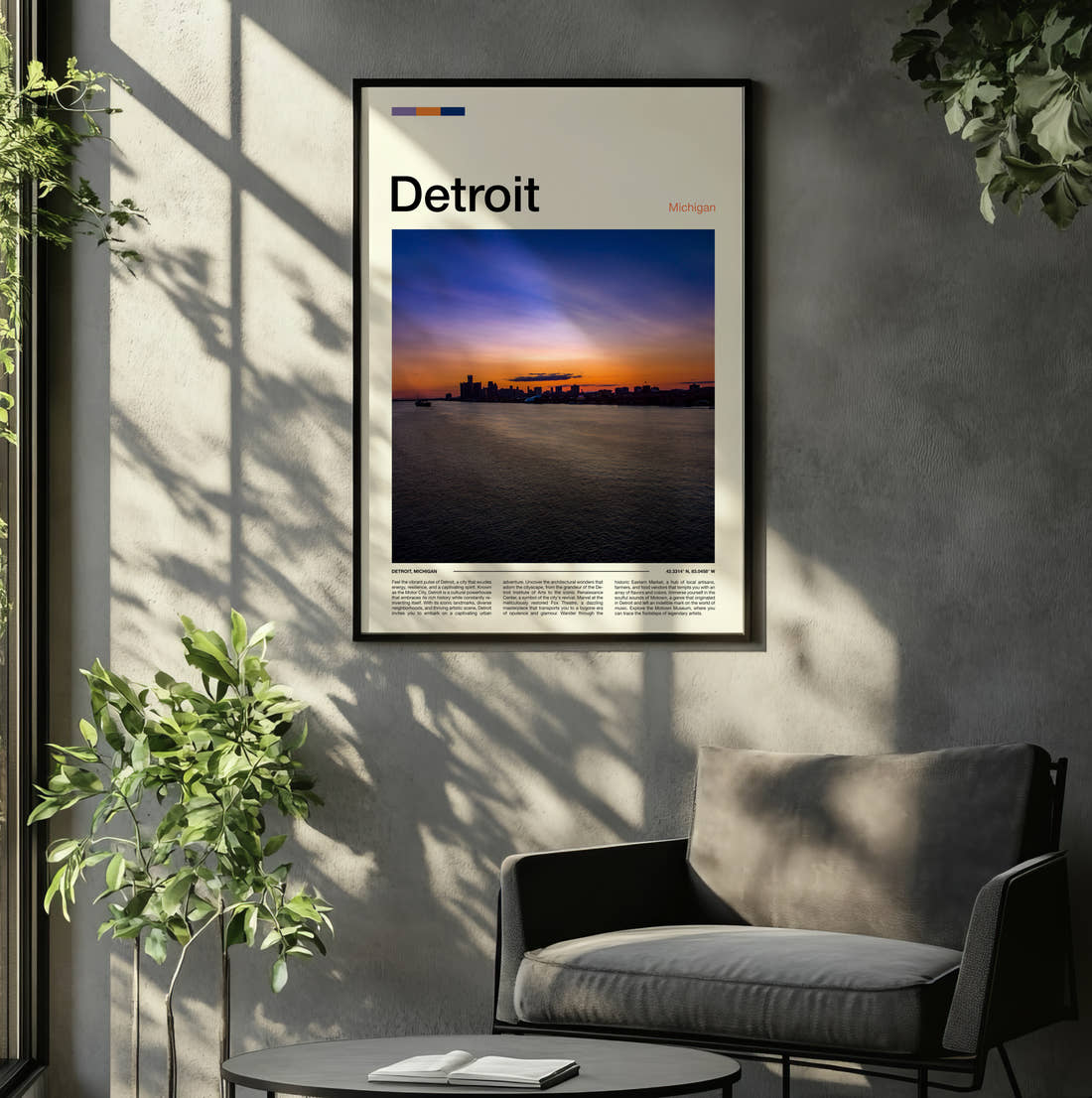 Detroit Sunset Over The Water Travel Print framed on the wall of a relaxed living room