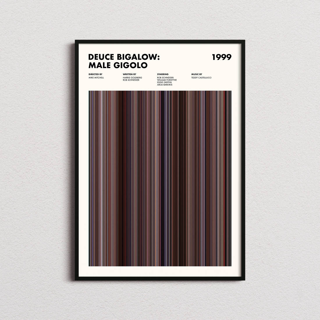 Deuce Bigalow: Male Gigolo Movie Barcode Poster framed on a plain studio wall