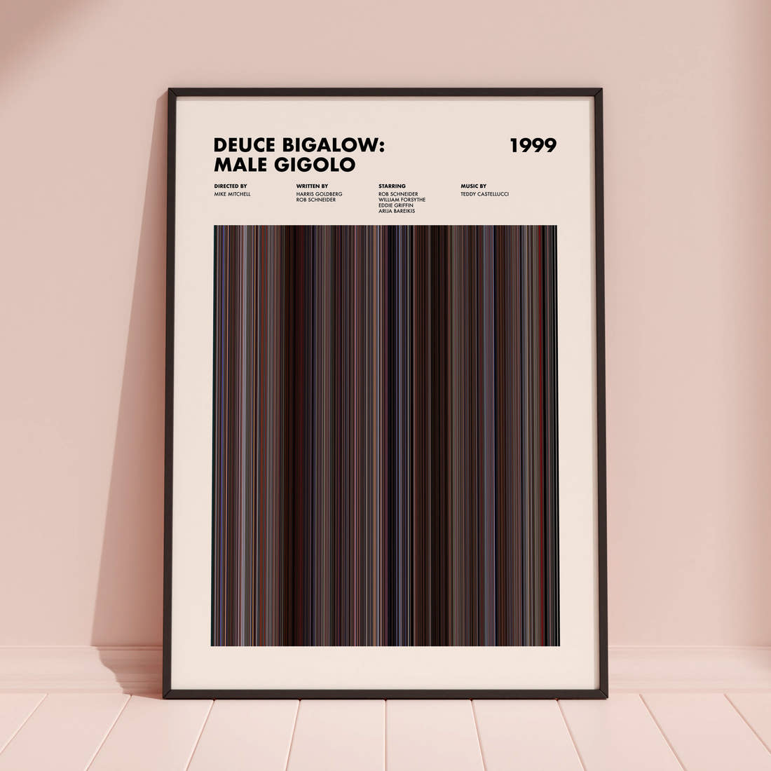 Deuce Bigalow: Male Gigolo Movie Barcode Poster framed and leaning against a coloured wall