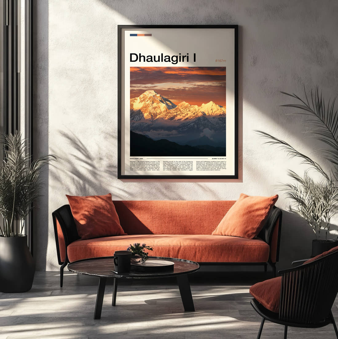 Dhaulagiri Travel Print framed on the wall of a modern living room