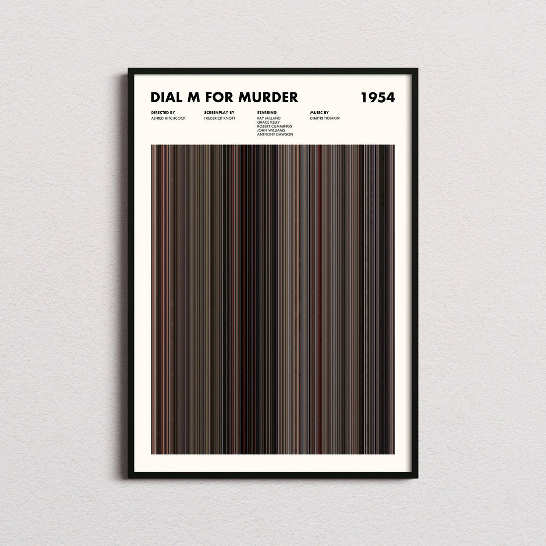 Dial M for Murder Movie Barcode Poster framed on a plain studio wall