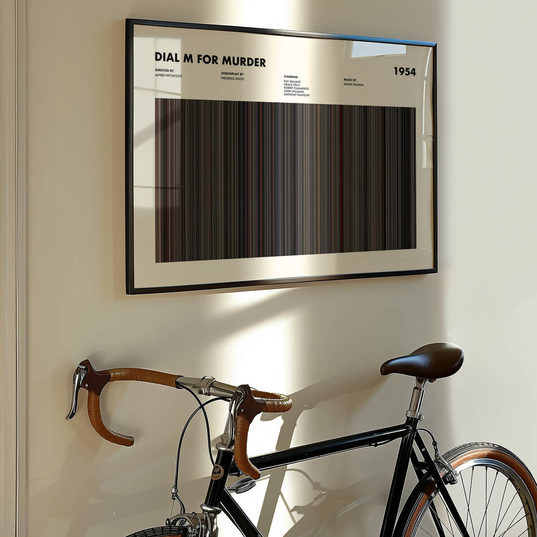 Dial M for Murder Movie Barcode Poster framed on the wall of a styled room setting