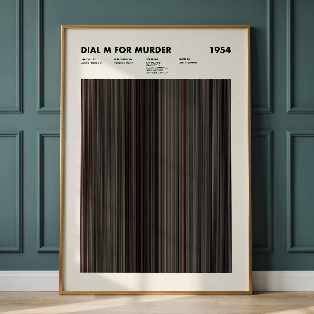 Dial M for Murder Movie Barcode Poster framed and leaning against a panelled wall