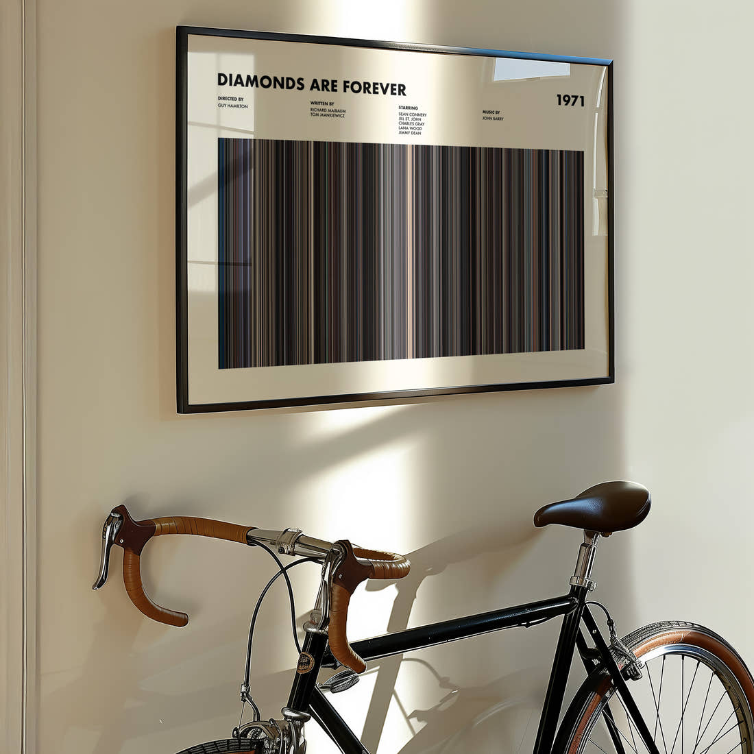Diamonds Are Forever Movie Barcode Poster framed on the wall of a styled room setting