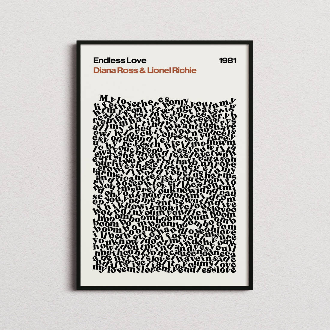 Diana Ross & Lionel Richie Endless Love Lyric Print in the cream colourway, framed
