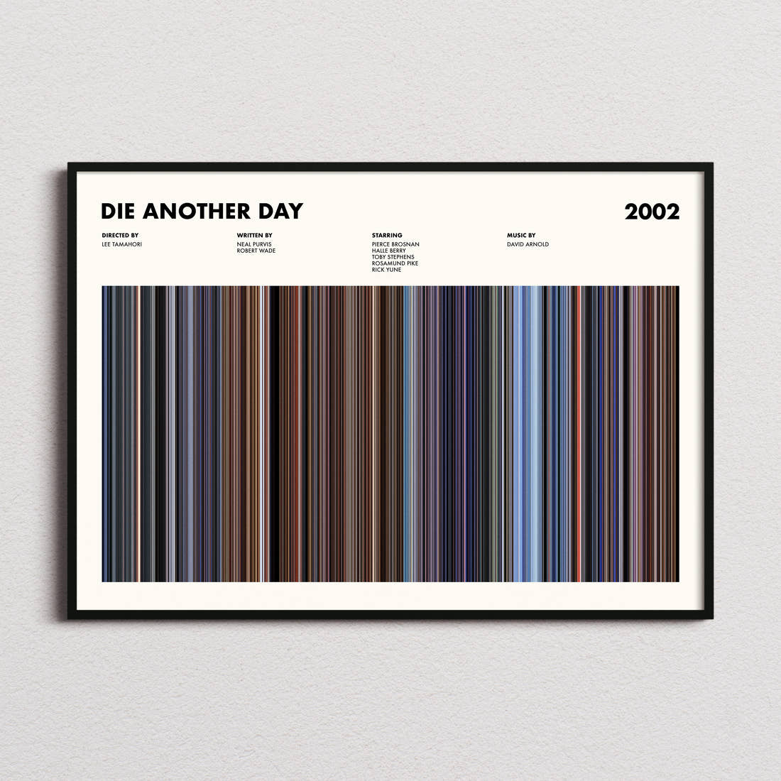 Die Another Day Movie Barcode Poster framed and photographed straight on