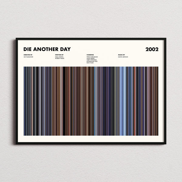 Die Another Day Movie Barcode Poster framed and photographed straight on