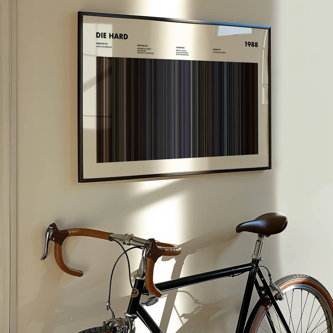 Die Hard Movie Barcode Poster framed on the wall of a styled room setting
