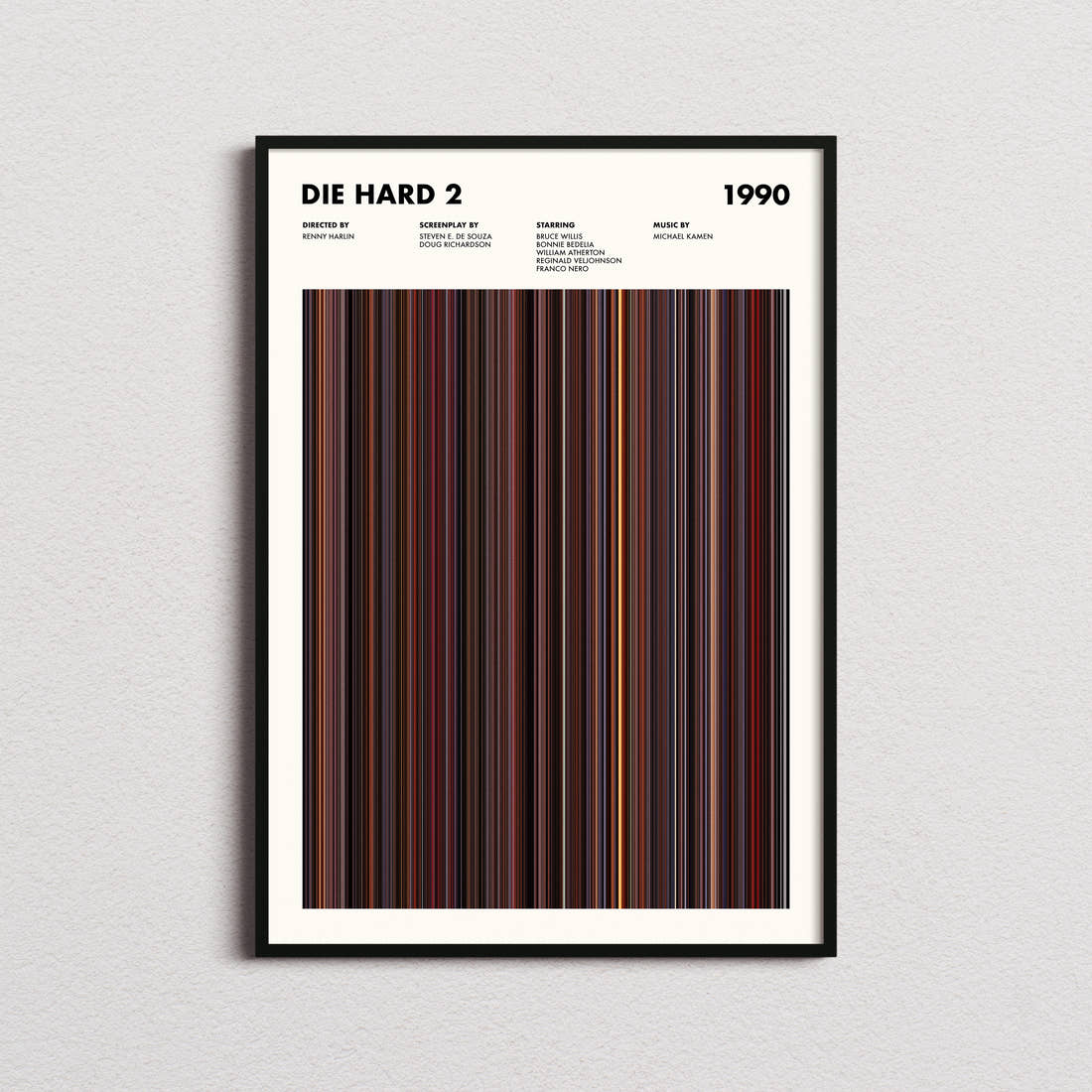 Die Hard 2 Movie Barcode Poster framed on a plain studio wall