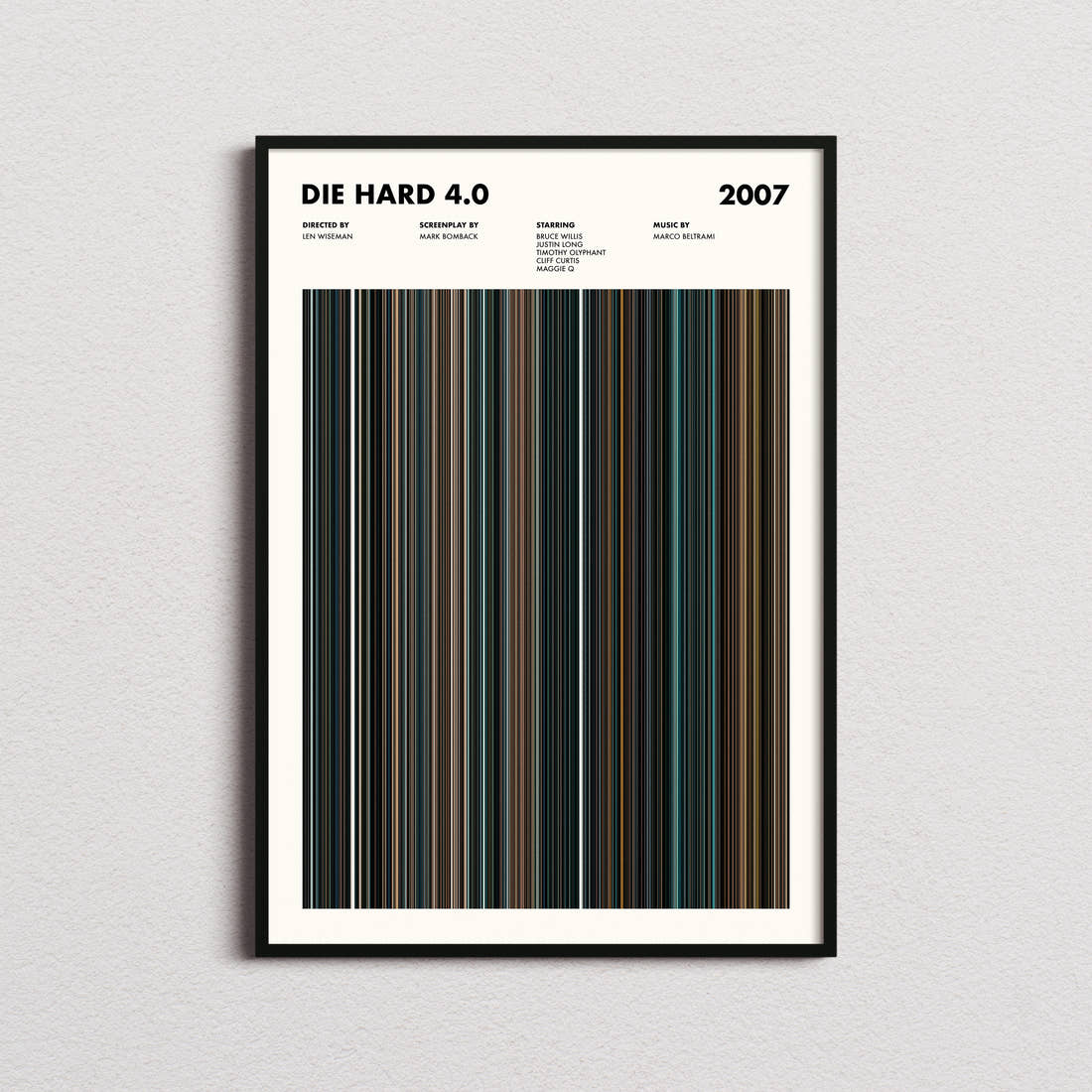 Die Hard 4.0 Movie Barcode Poster framed on a plain studio wall