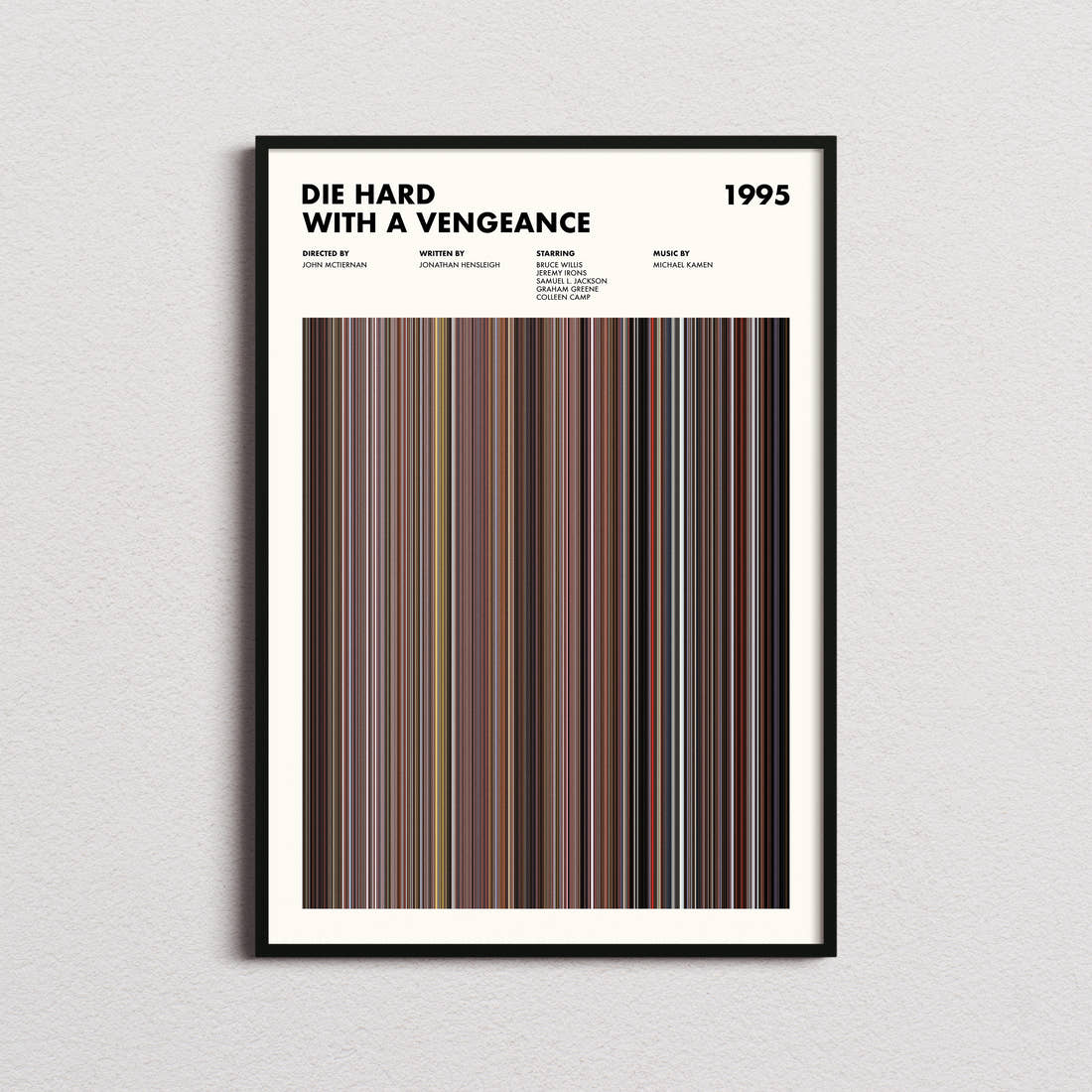 Die Hard with a Vengeance Movie Barcode Poster framed on a plain studio wall