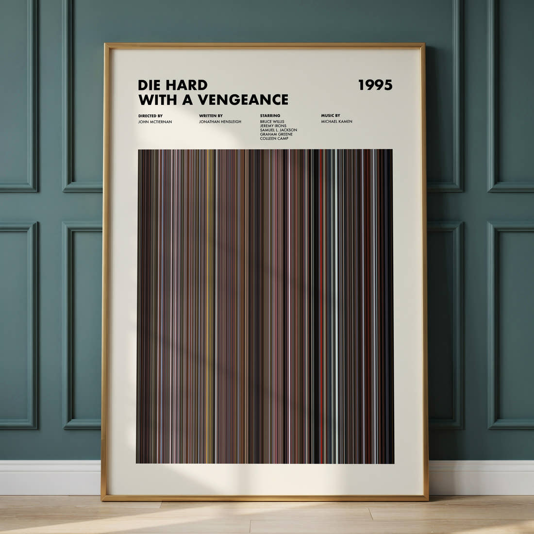 Die Hard with a Vengeance Movie Barcode Poster framed and leaning against a panelled wall