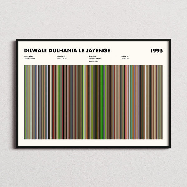 Dilwale Dulhania Le Jayenge Movie Barcode Poster framed and photographed straight on