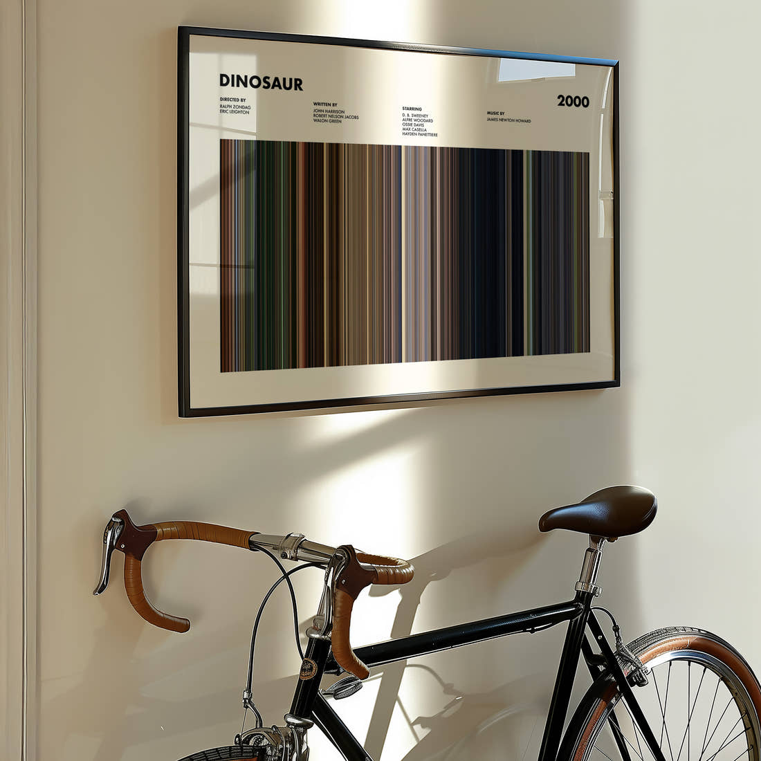 Dinosaur Movie Barcode Poster framed on the wall of a styled room setting