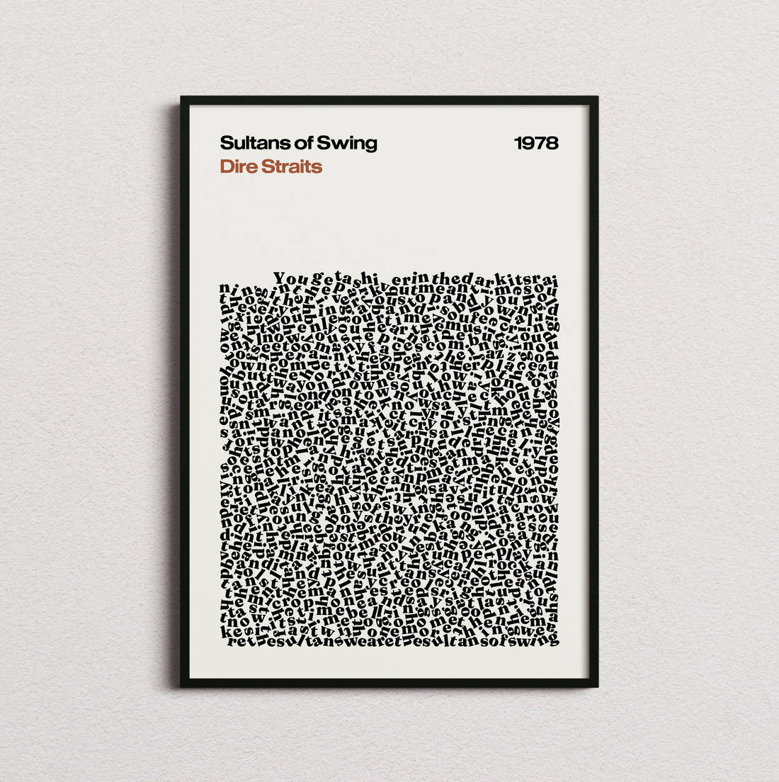 Dire Straits Sultans of Swing Lyric Print in the cream colourway, framed