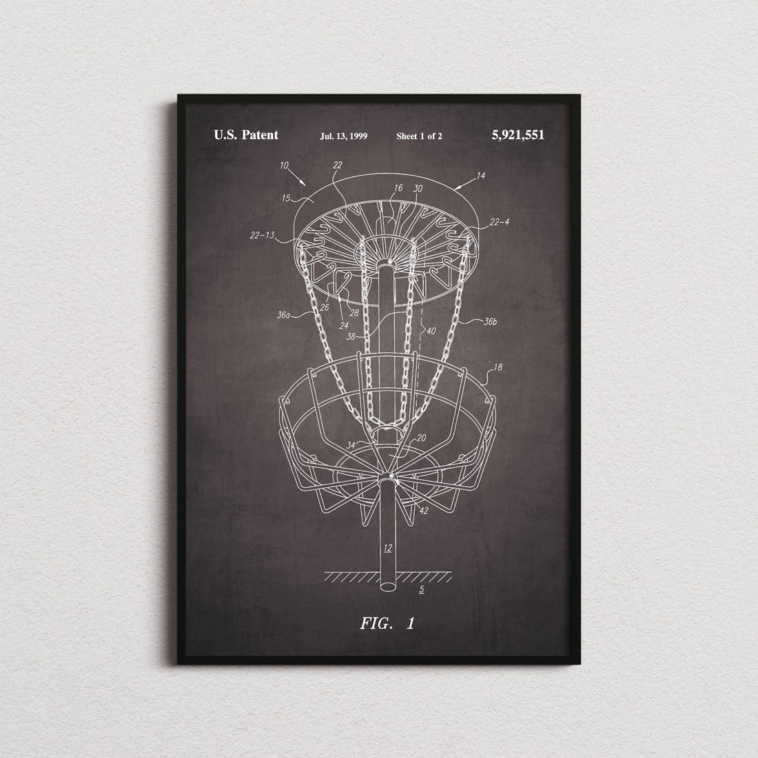 Disc Golf Target Patent Print in the blackboard colourway, framed